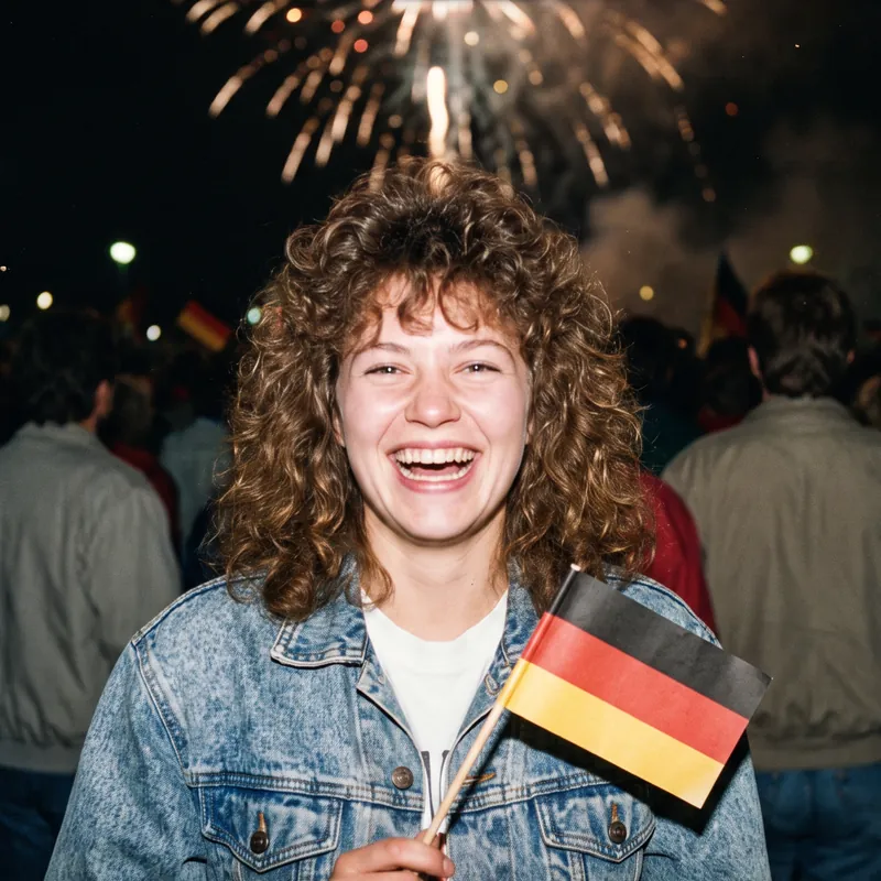 Junge Frau mit Dauerwelle und Jeansjacke lacht mit einer kleinen Deutschlandfahne in der Einheitsnacht 1990