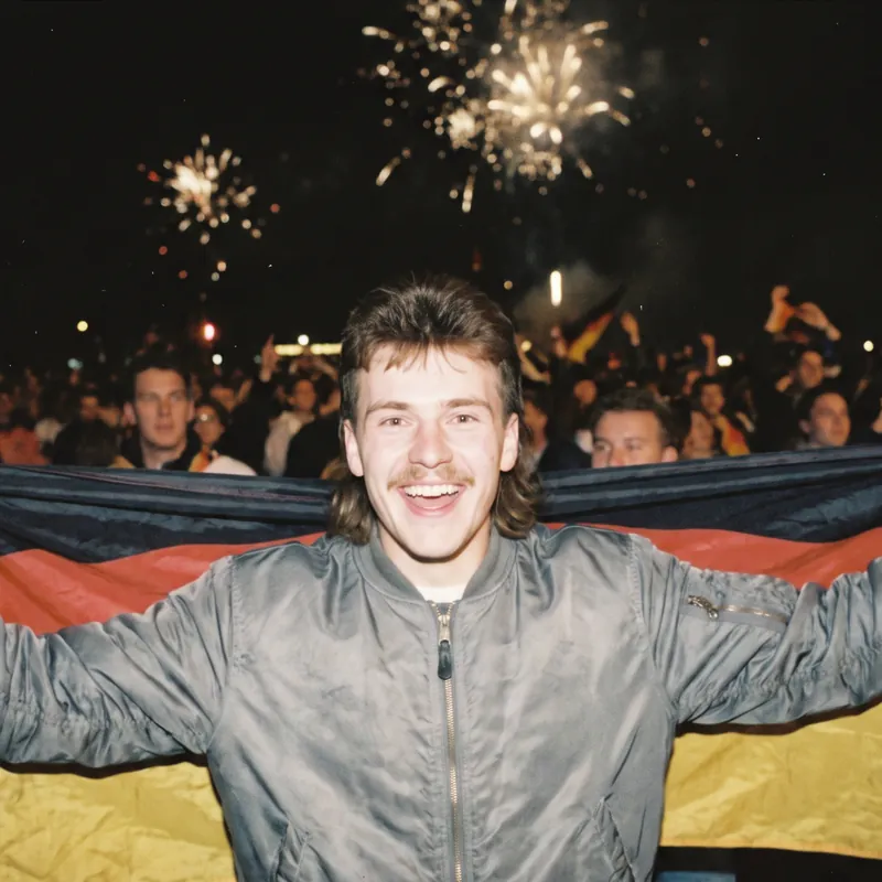 Junger Mann in Bomberjacke jubelt mit einer Deutschlandfahne über den Schultern in der Einheitsnacht 1990