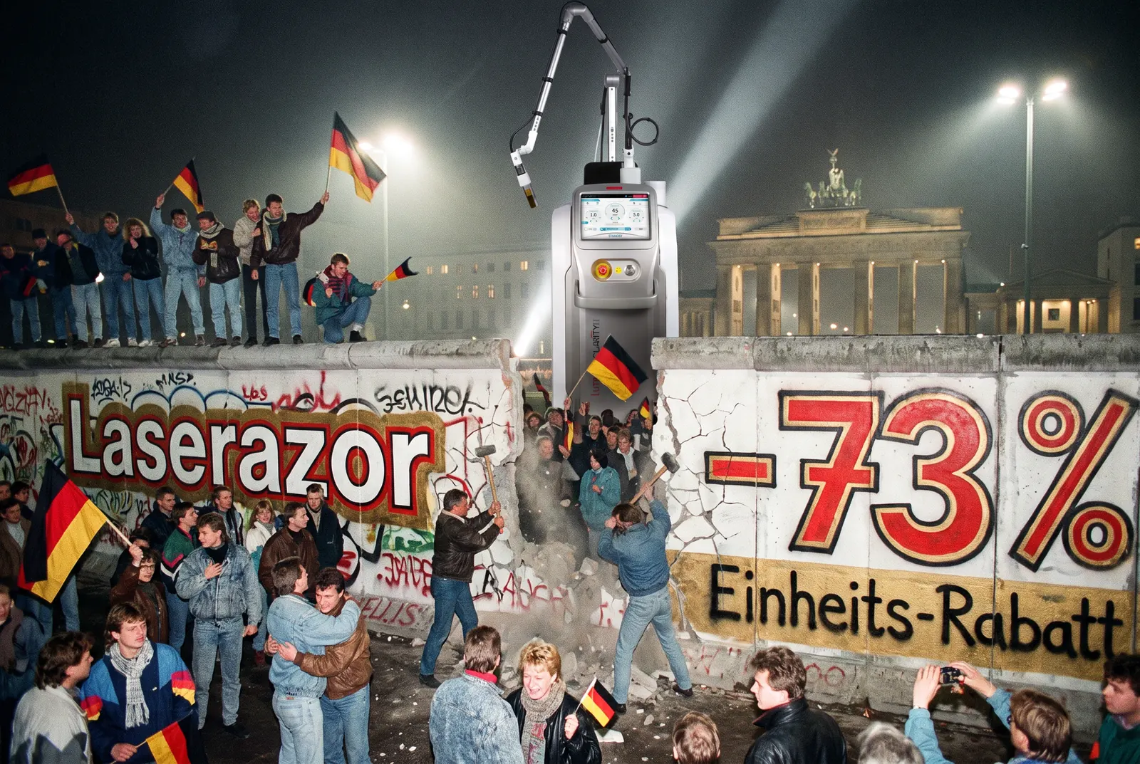Nacht am Brandenburger Tor 1989: Menschen mit Deutschlandfahnen jubeln an der durchbrochenen Mauer mit den Graffiti Laserazor, minus 73 Prozent und Einheits-Rabatt, dahinter ragt ein riesiger Clarity-II-Laser auf