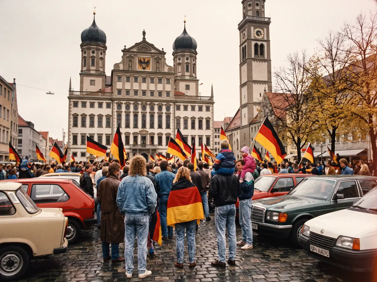 Augsburger Rathausplatz mit Rathaus und Perlachturm im Oktober 1990, Menschen mit Deutschlandfahnen