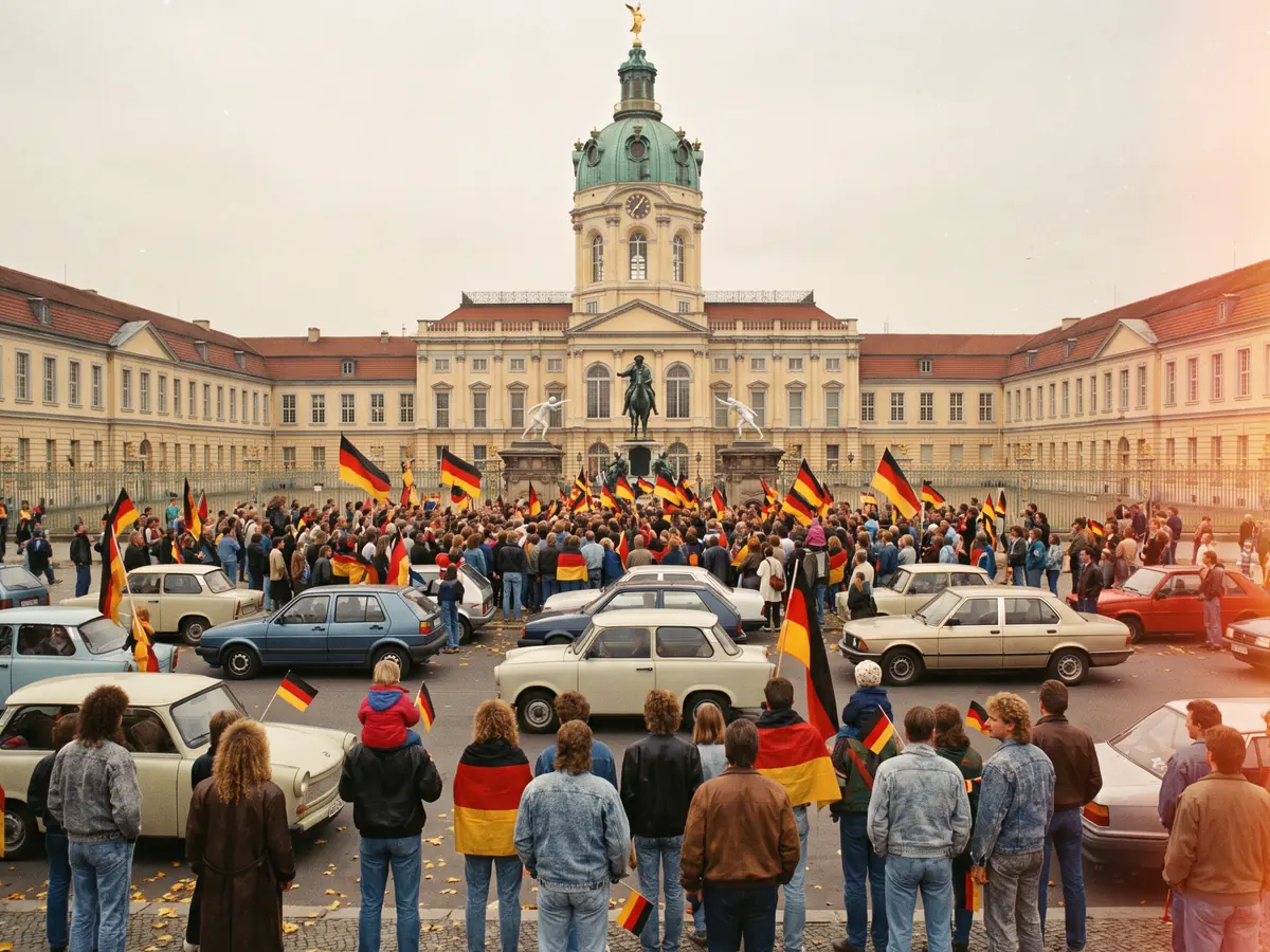 Schloss Charlottenburg am 3. Oktober 1990, Menschenmenge mit Deutschlandfahnen im Ehrenhof