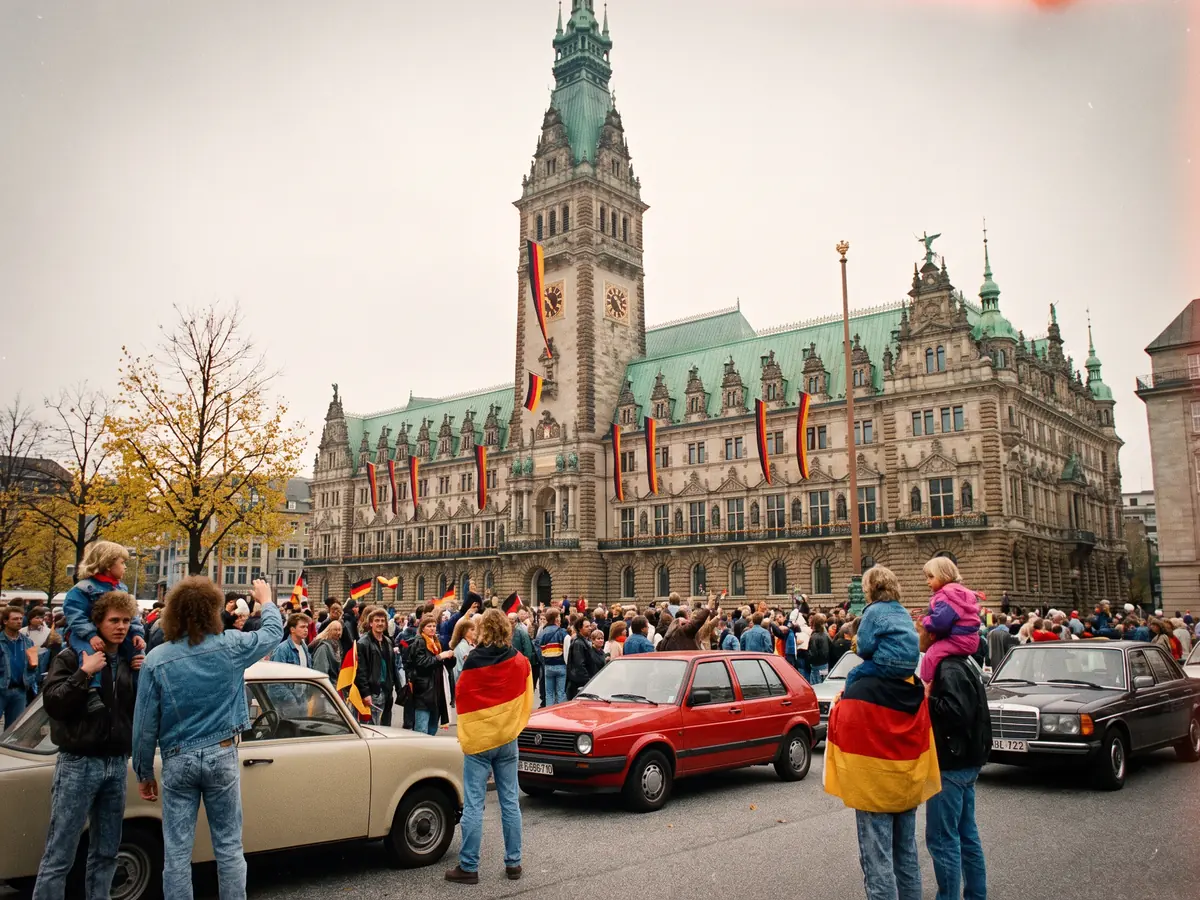 Hamburger Rathausmarkt im Oktober 1990, Menschen mit Deutschlandfahnen vor dem Rathaus