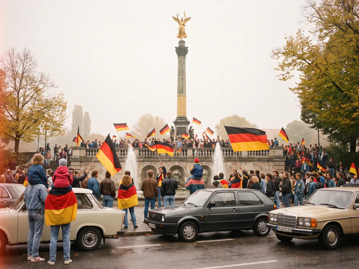 Friedensengel in München im Oktober 1990, Menschen mit Deutschlandfahnen am Brunnen