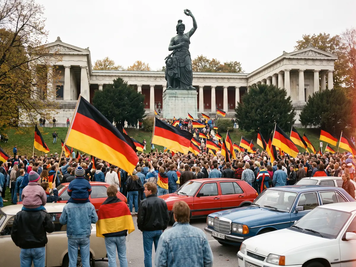 Bavaria und Ruhmeshalle über der Theresienwiese im Oktober 1990, Menschen mit Deutschlandfahnen