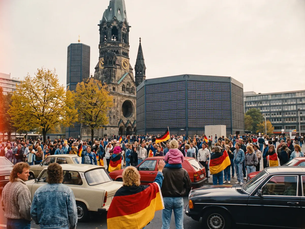 Breitscheidplatz mit Gedächtniskirche am 3. Oktober 1990, Menschen mit Deutschlandfahnen, Trabant und Golf am Straßenrand
