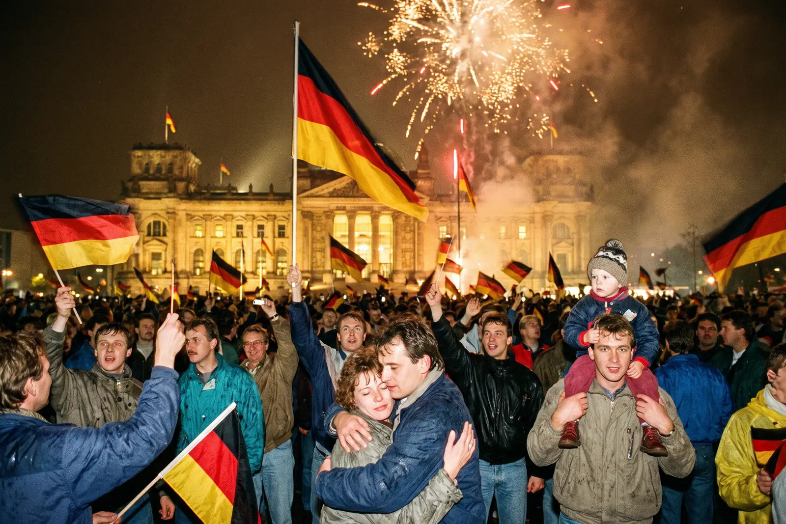 Feuerwerk über dem Reichstag, eine große Menschenmenge mit Deutschlandfahnen feiert die Einheit