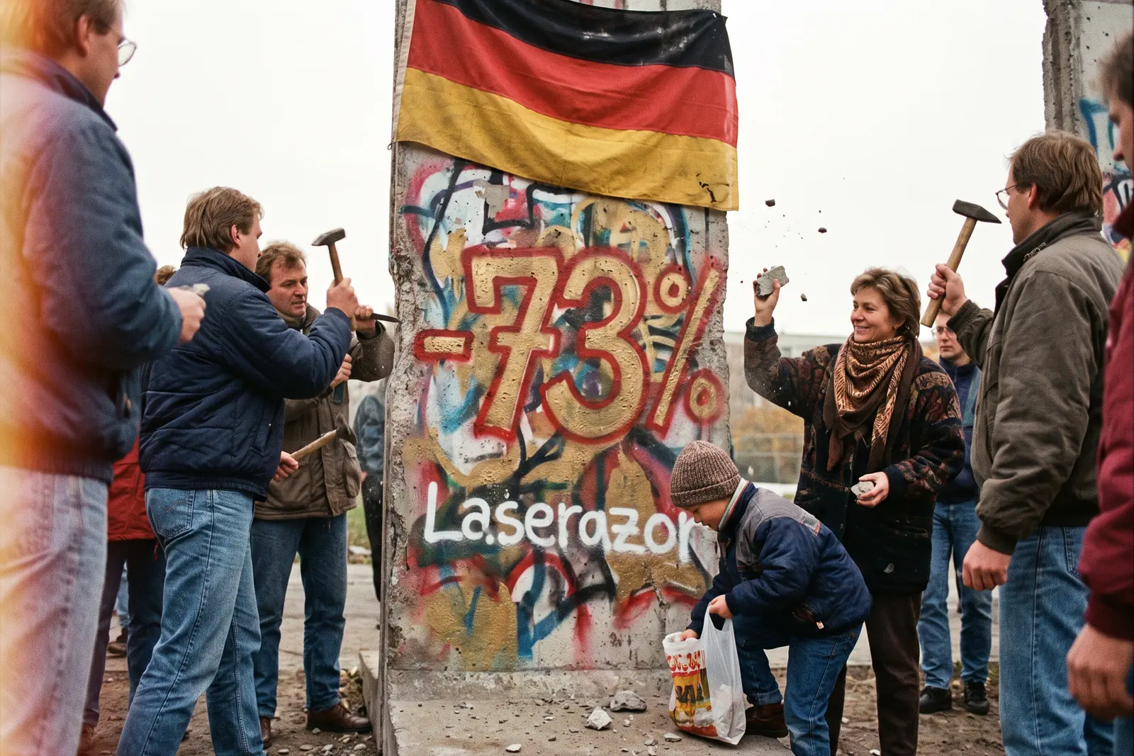 Menschen schlagen mit Hammer und Meißel Stücke aus einem Mauersegment mit dem Graffiti −73 % und Laserazor