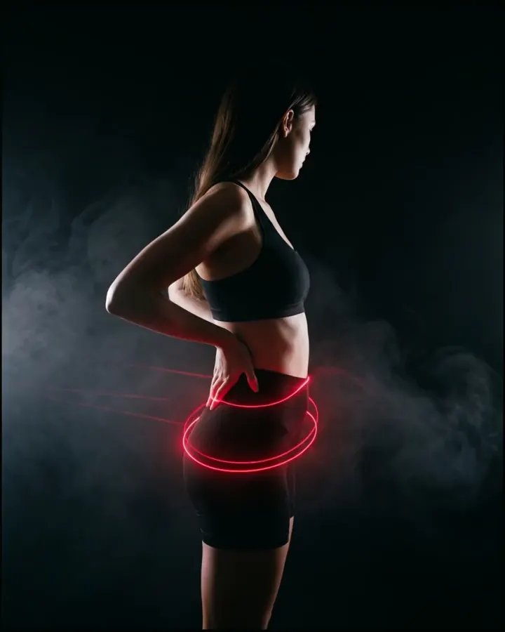 Hüfte einer Frau in weißen Shorts, rotes Laserraster auf der Haut, Nebel und Mondlicht