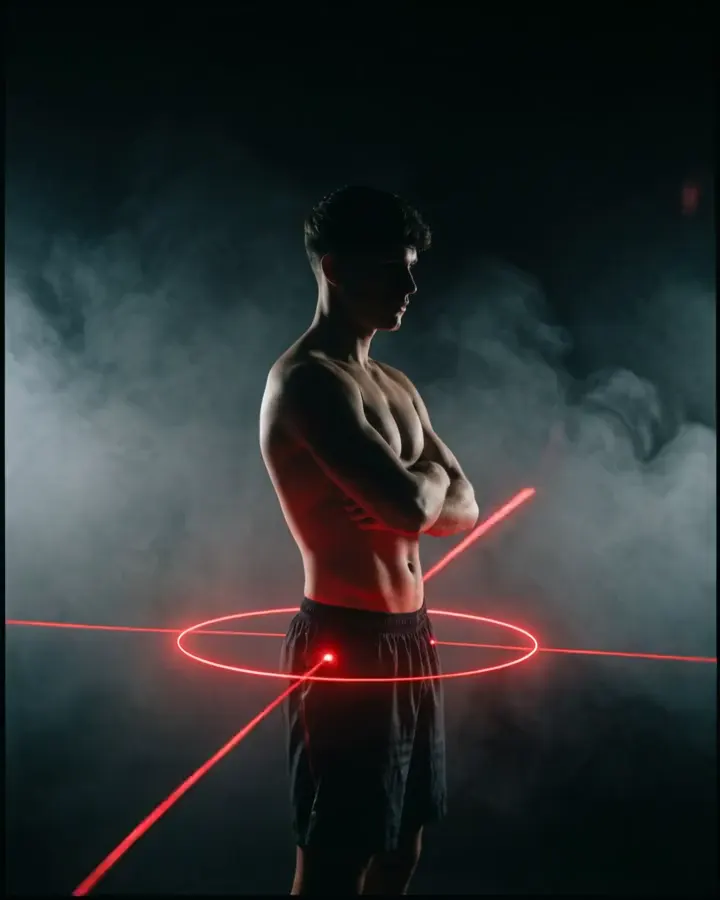 Hüfte eines Mannes in weißen Shorts, rotes Laserraster auf der Haut, Nebel und Mondlicht