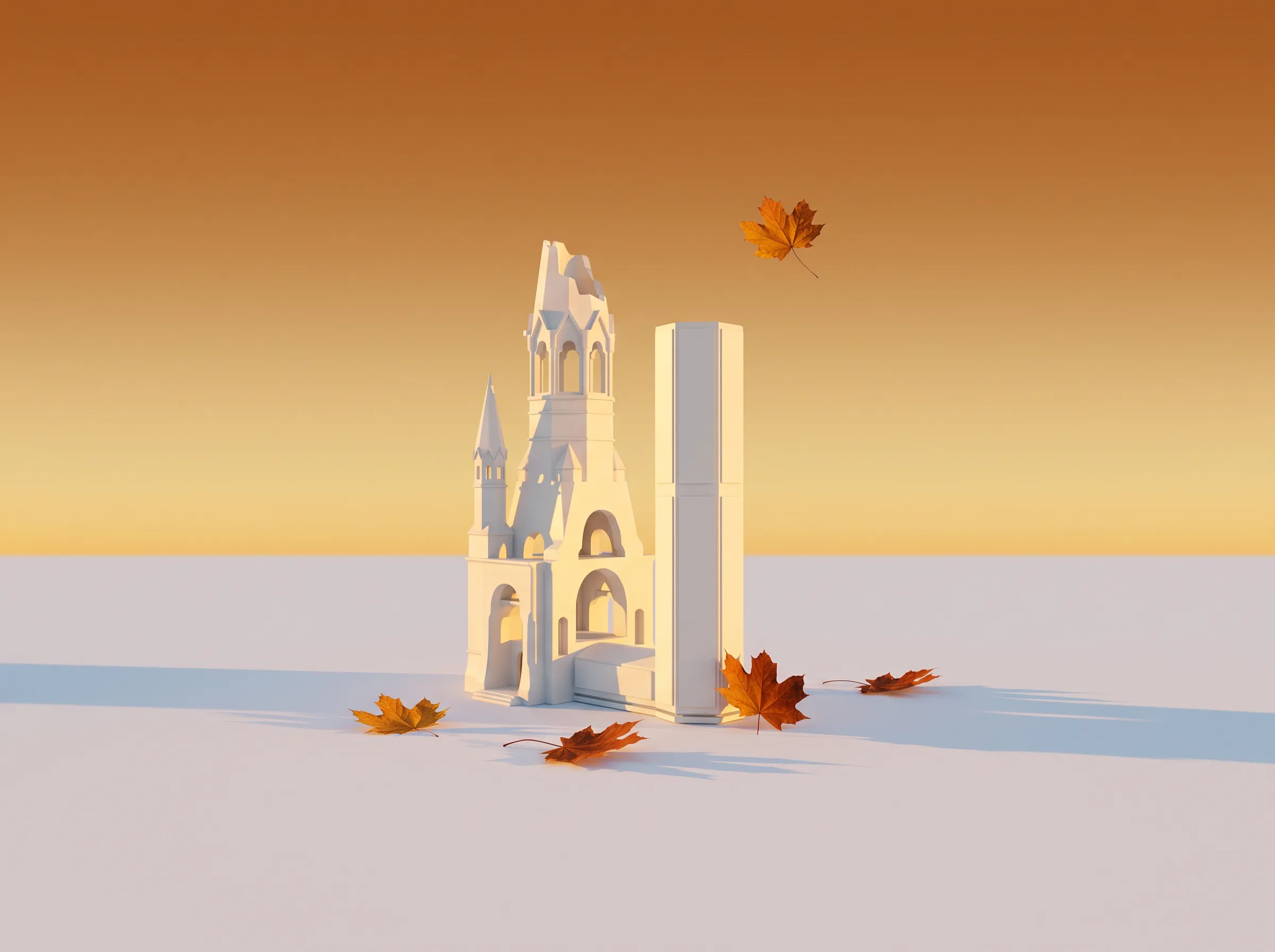 Kaiser-Wilhelm-Gedächtniskirche als weißes Modell im goldenen Herbstlicht