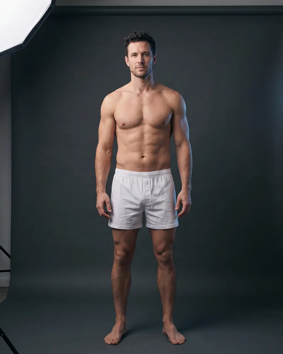 Mann in weißen Boxershorts in voller Größe vor dunklem Studiohintergrund