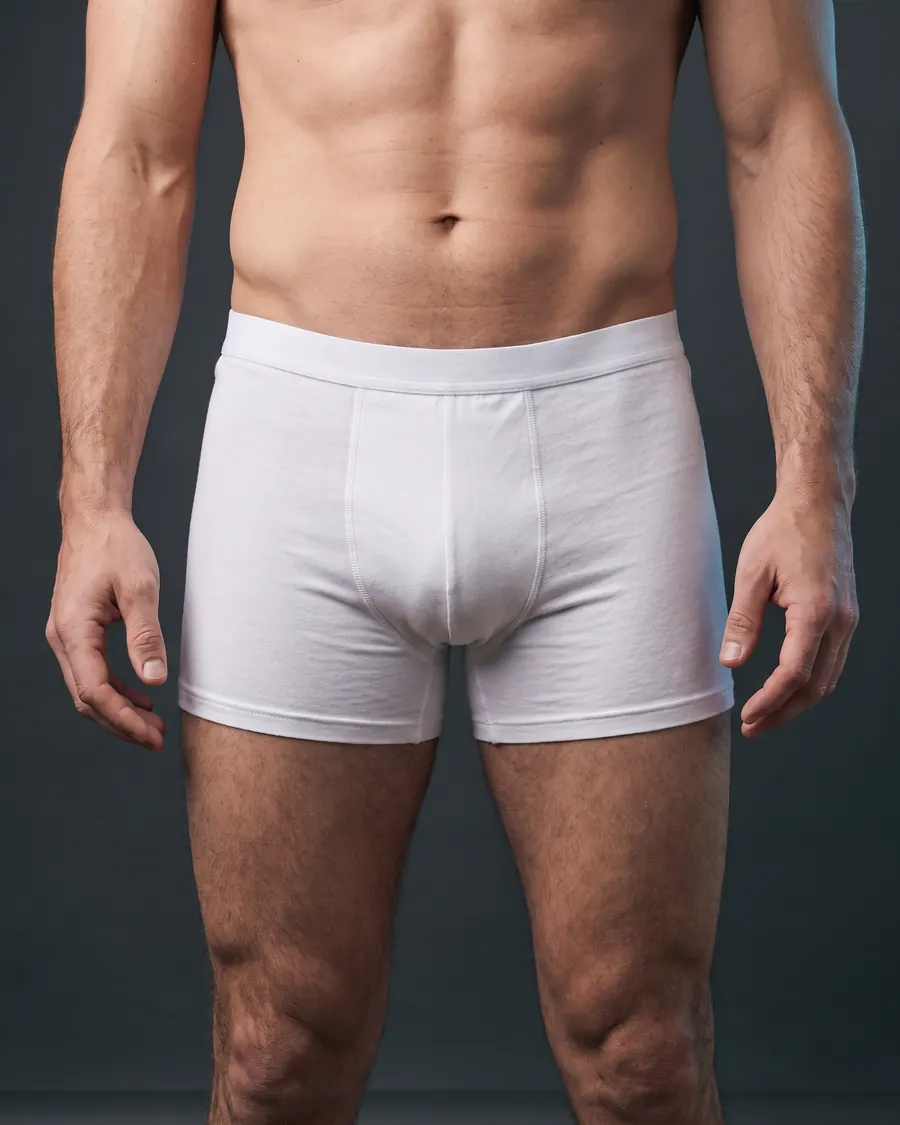 Hüfte eines Mannes in weißen Boxershorts vor dunklem Studiohintergrund