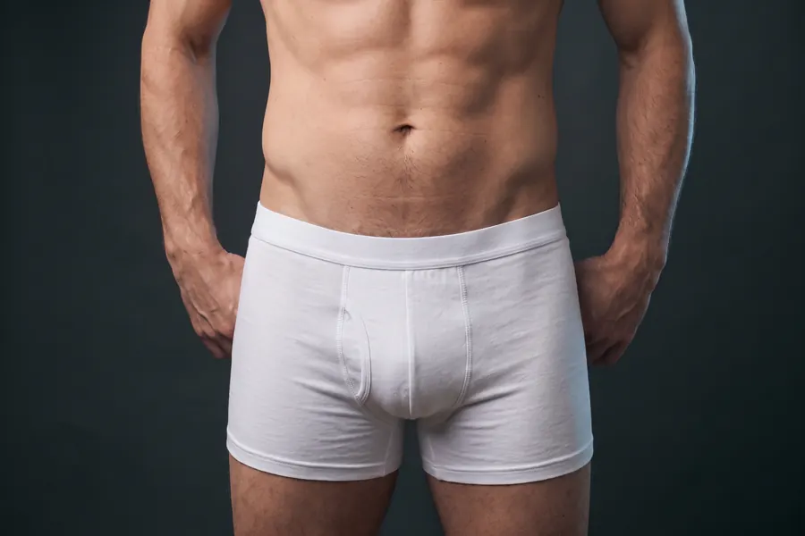 Hüfte eines Mannes in weißen Boxershorts