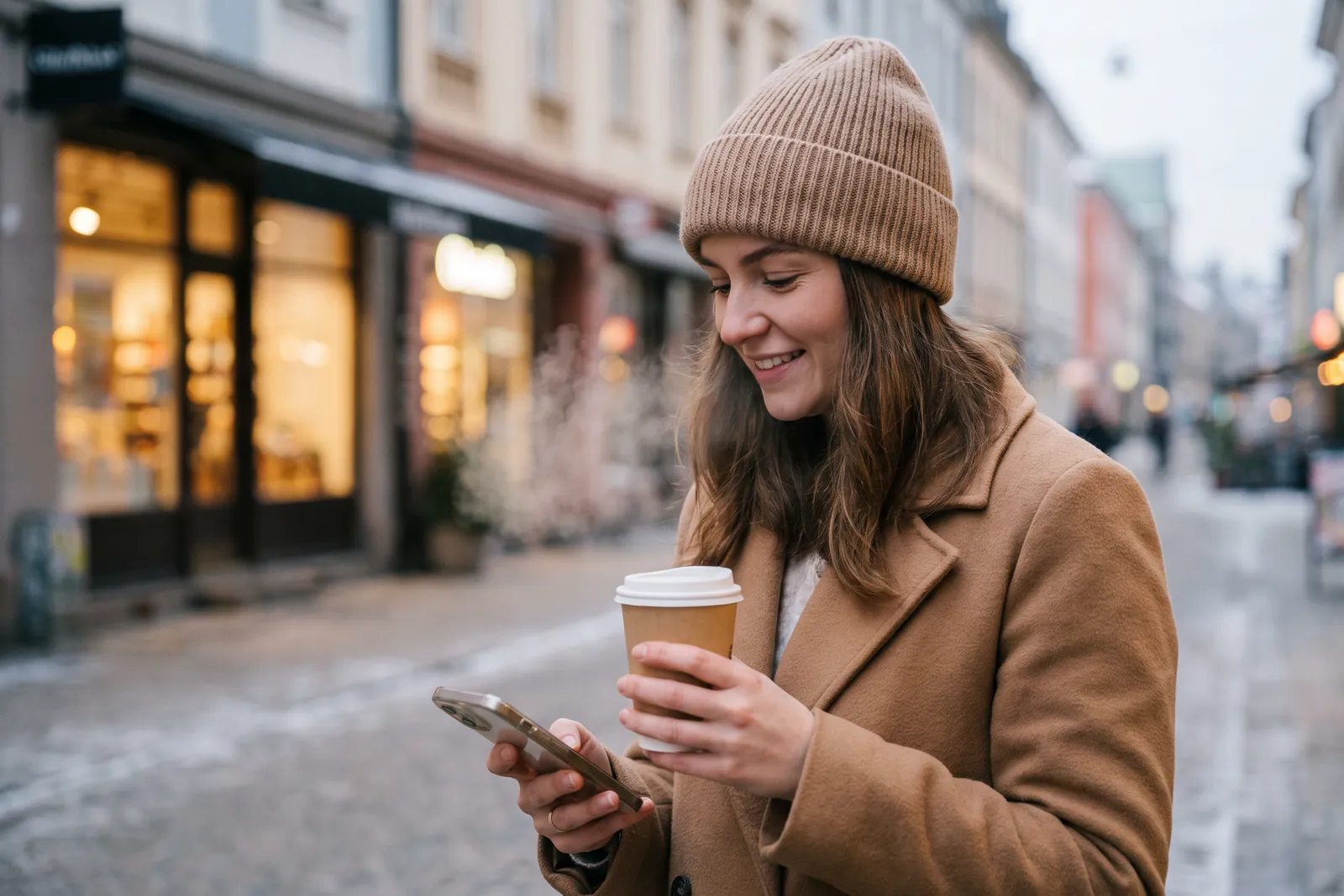 Junge Frau im Wintermantel mit Kaffee und Smartphone auf einer Einkaufsstraße