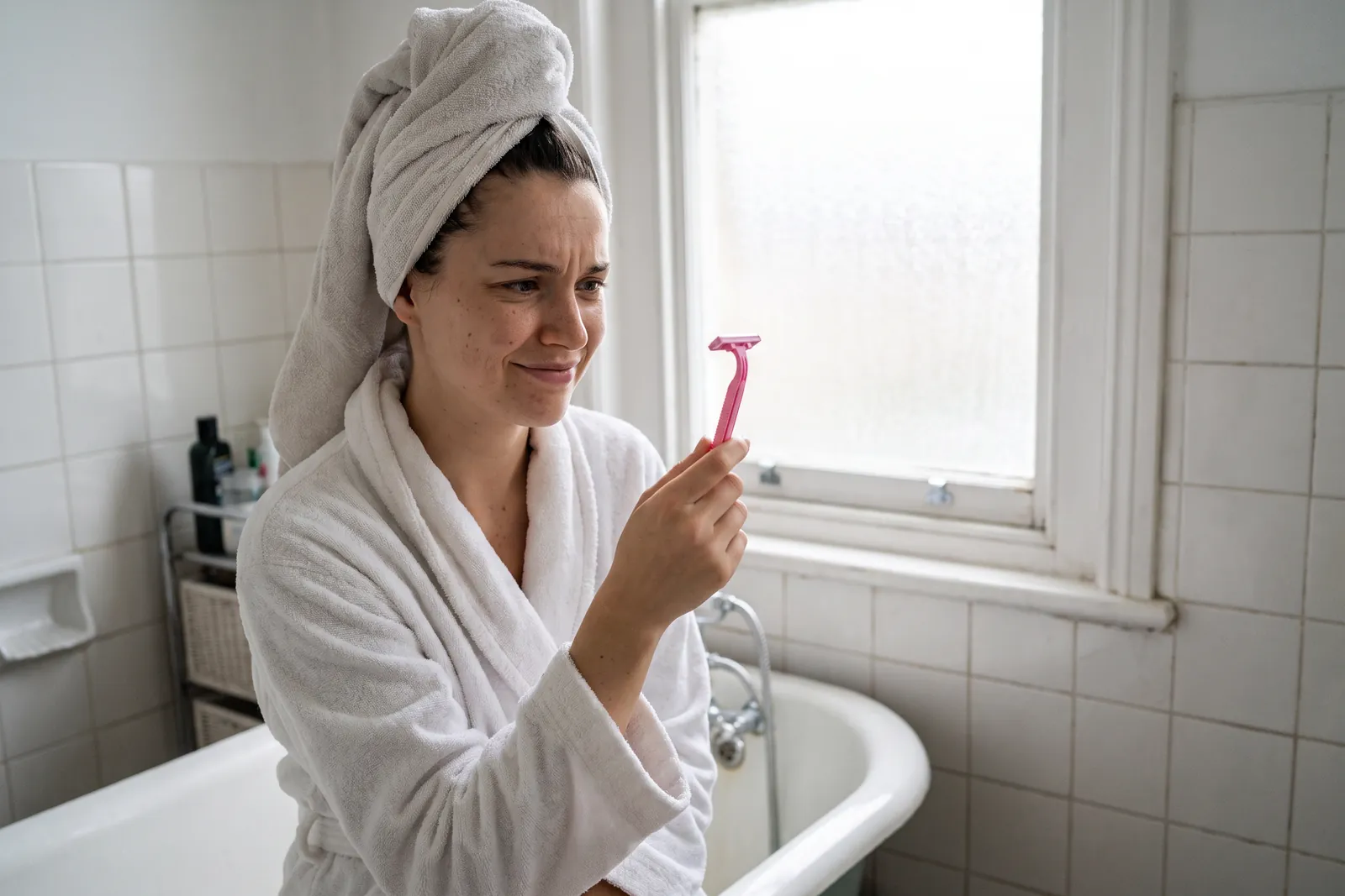 Junge Frau im Bademantel schaut genervt auf einen pinken Einwegrasierer