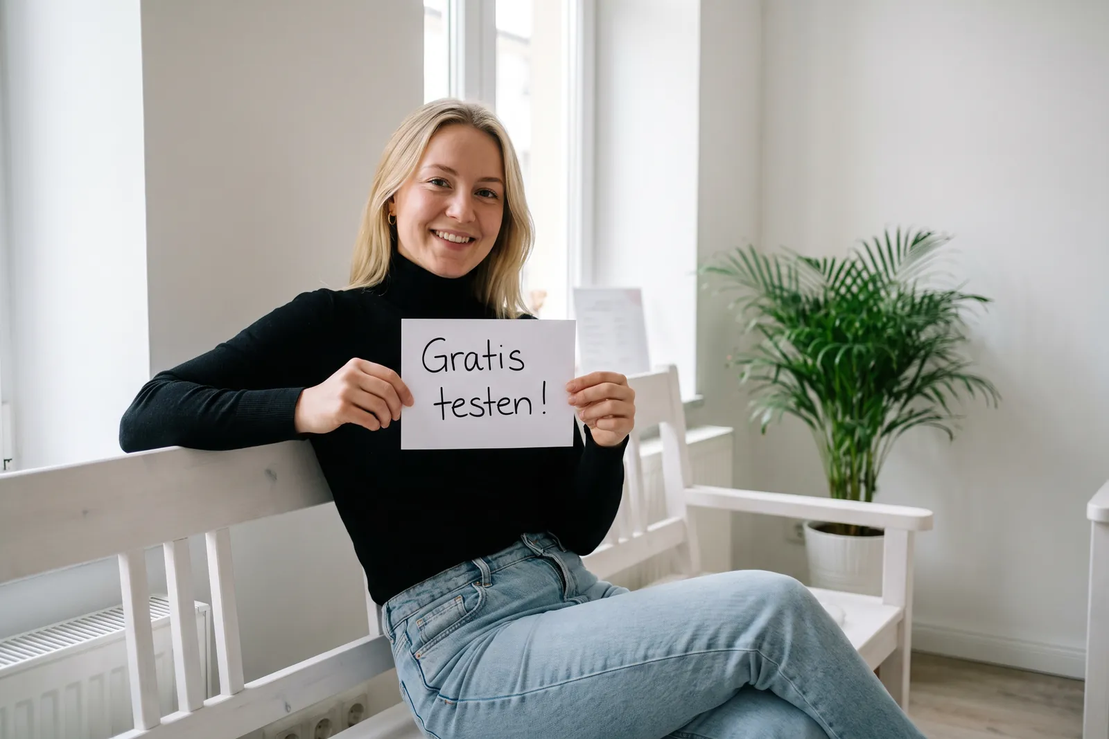 Studio-Wartebereich, junge Frau hält einen Zettel mit der Aufschrift Gratis testen