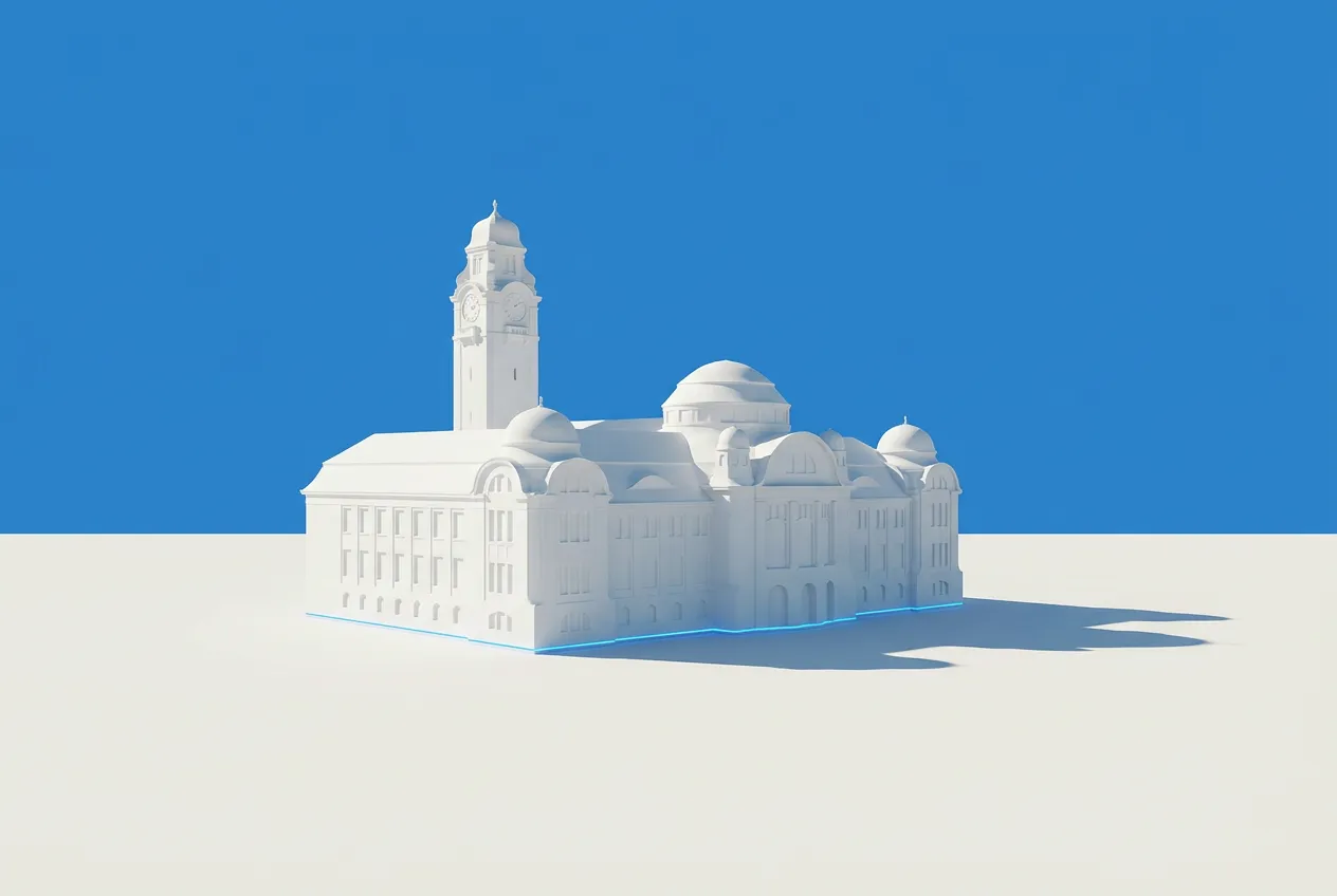 Müllersches Volksbad an der Isar als weiße Skulptur, Motiv zur Anfahrt ins Laserazor Studio Haidhausen · KI-generiert