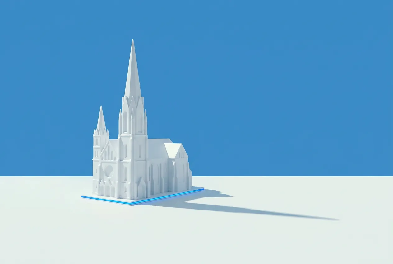 Paulskirche an der Theresienwiese als weiße Skulptur, Motiv zur Anfahrt ins Laserazor Studio Westend · KI-generiert